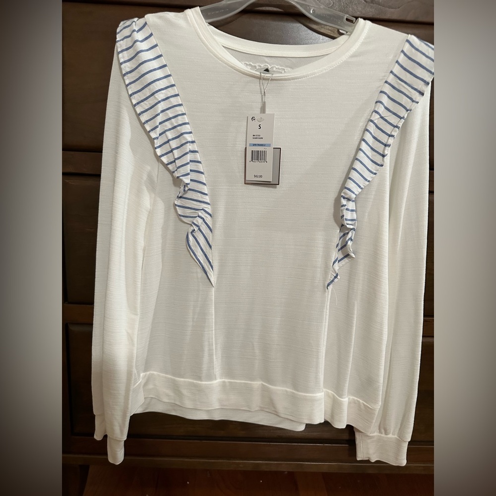 NWT. White with blue & white striped ruffles